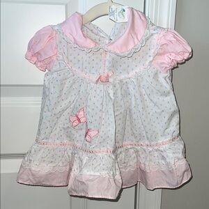 VINTAGE Pink White Baby Dress Bow Butterfly Accents Lace and Peter Pan Collar